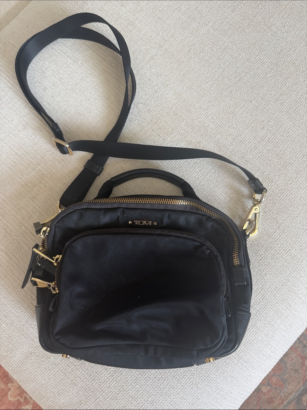 Tumi Black Nylon Crossbody with Gold Hardware